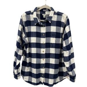 L.L.Bean Men's Blue White Check Organic Cotton Heavy Flannel‎ Shirt Size L